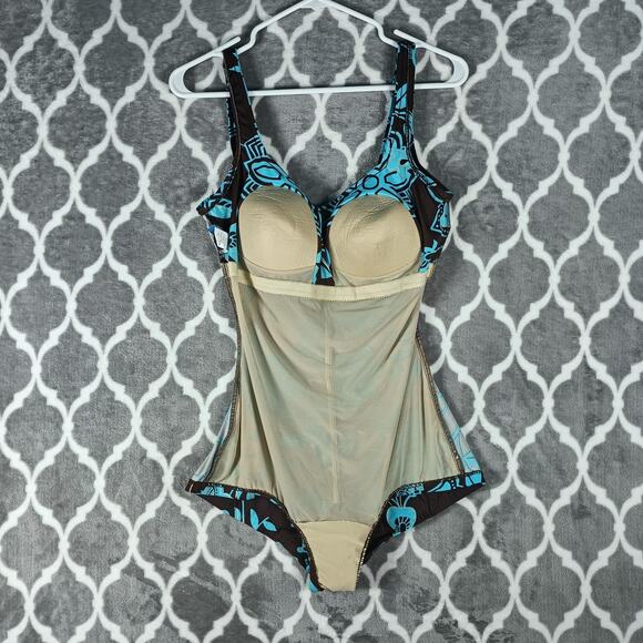 Maxine Swimsuit Womens 14 Brown Blue Floral One Piece Tummy Control Ruched Lined - Picture 3 of 8